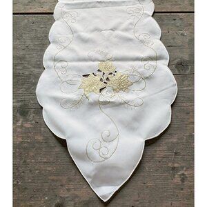 Sam Hedaya Table Runner White Gold Embroidered Floral Scalloped 88" Holiday
